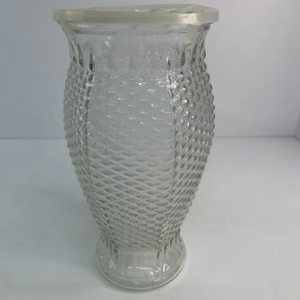 Vintage FTD Clear Pressed Glass Diamond Point Pineapple Hexagon Vase 1980s